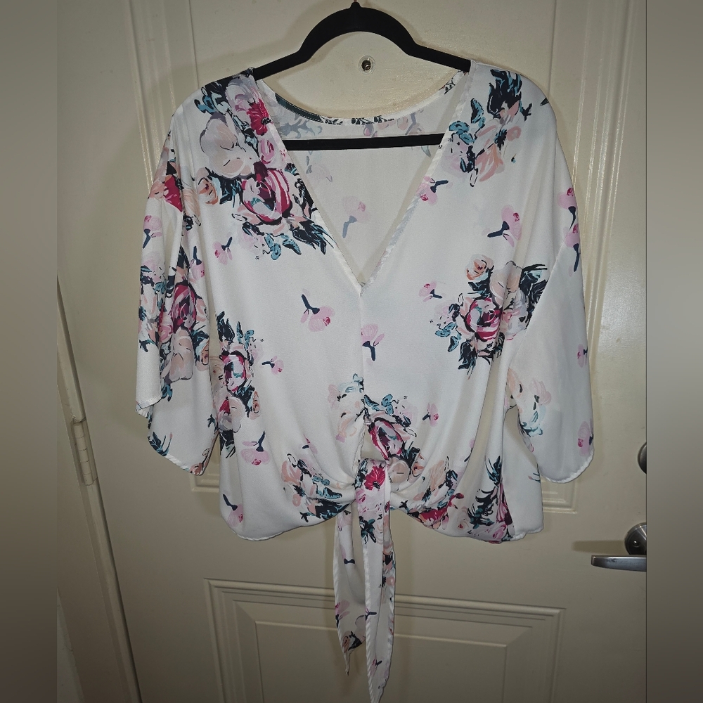 Floral Tie-Front V-Neck Women's Top -‎ White/Pink